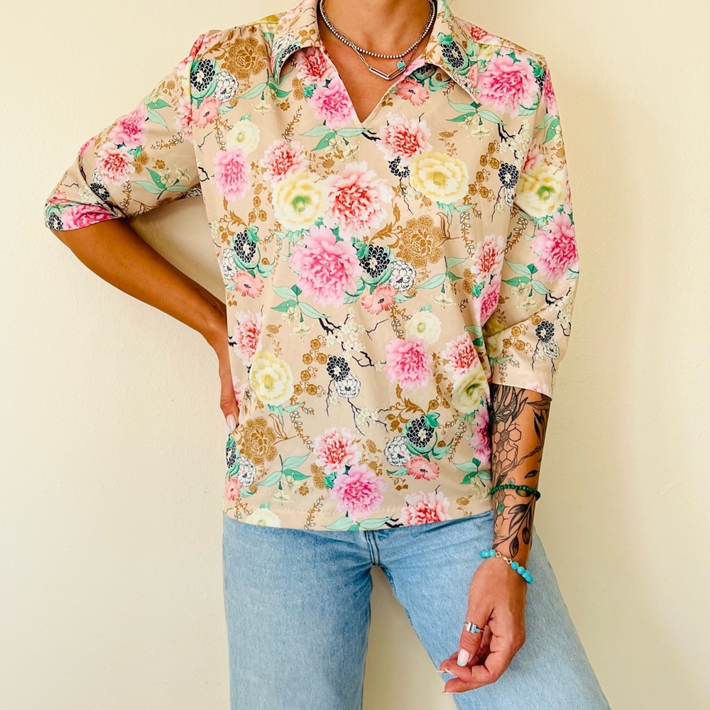 Vintage Haband floral print v neck collared blouse top